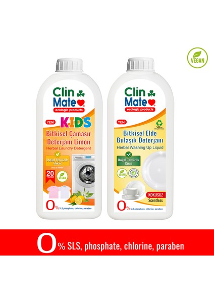 2'li Set Yeni Kids Bitkisel Çocuk Deterjanı Limon 750 ml 20 Yıkama + Elde Bulaşık Kokusuz 750 ml