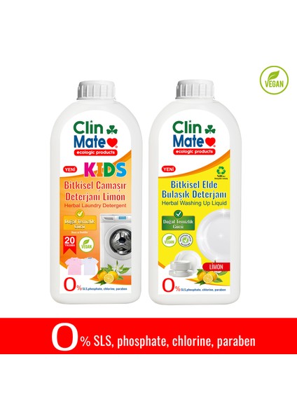 2'li Set Yeni Kids Bitkisel Çocuk Deterjanı Limon 750 ml 20 Yıkama + Elde Bulaşık Limon 750 ml