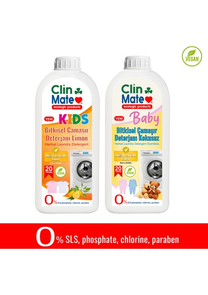 2'li Set Yeni Kids Bitkisel Çocuk Deterjanı Limon 750 ml 20 Yk + Bebek Deterjanı 750 20 Yk