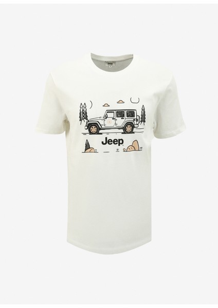 Bisiklet Yaka Baskılı Kırık Beyaz Erkek T-Shirt J4SM-TST7237