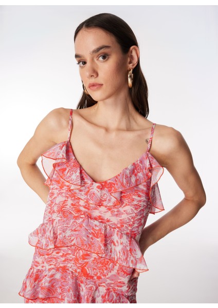 V Yaka Desenli Pembe Mini Kadın Elbise F4SL-ELB0451 fırsatları