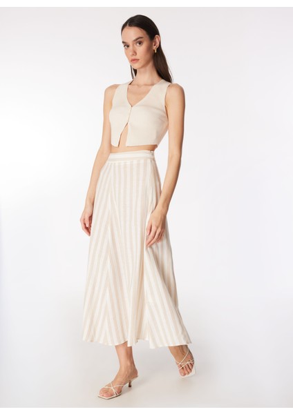 Normal Bel Beyaz - Bej Kadın Çizgili Midi Etek FC4SL-ETK0072 fiyatları