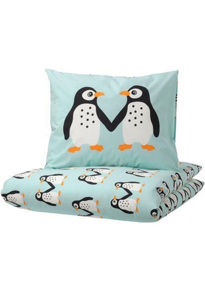Çocuk Nevresim Takımı Açık Turkuaz Renk Penguen Temalı 150X200 cm