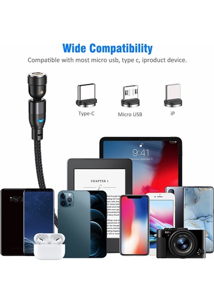 Aufu 540 Döndür 3A Manyetik Kablo Hızlı Şarj Cep Telefonu Mıknatıs Şarj Cihazı Tel Kordon Mikro Tip C Kablo iPhone Xiaomi (Yurt Dışından) modelleri