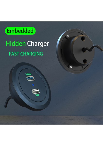 Masaüstü Delik Gömülü 18W Qc3.0 USB Çift Soket Hub Gizli Şarj Cihazı Masa Mobilya Ofis Görünmez Cep Telefonu Hızlı Şarj (Yurt Dışından)