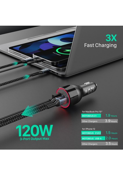 120W 3 Bağlantı Noktalı USB C Araç Şarj Cihazı, Qc4.0 Pd 100W Pps 45W 30W Qc3.0 18W P40/30 Mı 11 Type-C Dizüstü Bilgisayar Için Hp Dell iPad iphone 13 S21/20 (Yurt Dışından) fiyatları