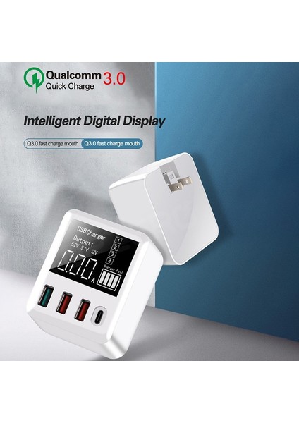 Qc3.0+Type-C USB Şarj Aleti Dijital Ekran Hızlı Şarj Aleti Katlanabilir Seyahat Şarj Aleti Fişi (Yurt Dışından)