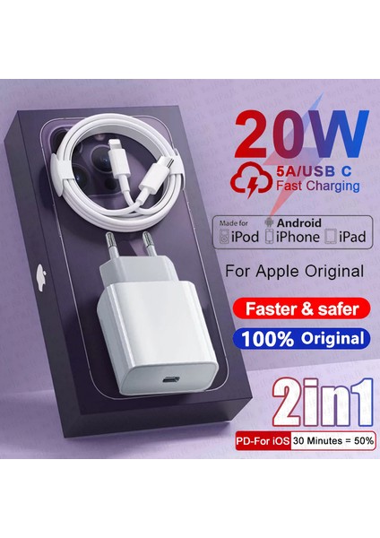 Orijinal Pd 20W Hızlı Şarj Cihazı Apple iPhone 11 12 13 14 Pro Max Mini x Xs Xr 8 Artı Hızlı Adaptör USB C iPhone Şarj Kablosu (Yurt Dışından)