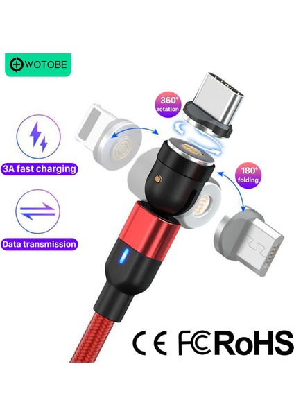 540° Dönen USB Manyetik Kablo 3A Hızlı Şarj USB C Tel Mıknatıs Cep Telefonu Için Mikro USB 8 Pinli Veri Kablosu (Yurt Dışından)