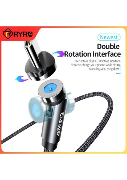 Ryra Hızlı Şarj Mıknatıs Şarj Cihazı 540 ° Döndür Manyetik Kablo Mikro USB Tip C Kablo iPhone Android Telefon Kablo Tel (Yurt Dışından)