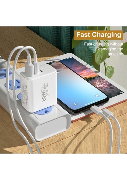 60W USB Tip C Şarj Cihazı Hızlı Şarj 3.0 Cep Telefonu 3 Port Duvar Hızlı Pd Şarj Adaptörü iPhone 14 13 Samsung Xiaomi Poco F3 (Yurt Dışından) fiyatları
