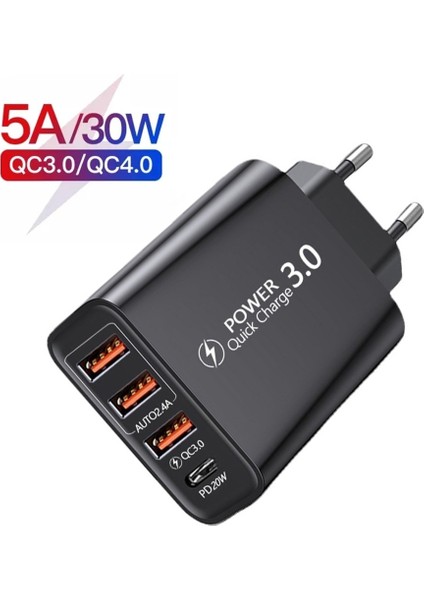 Seyahat Şarj Cihazı 3usb + Type-C Pd Şarj Kafası Avrupa Standardı Abd Tak Çok Bağlantı Noktalı Cep Telefonu Şarj Kafası Usb'ye Uygun (Yurt Dışından)
