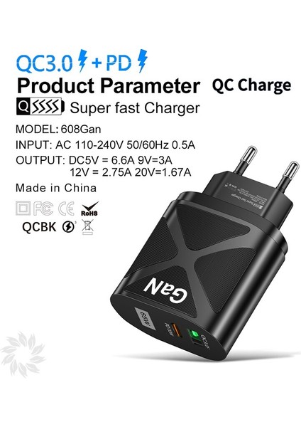 65W Gan Hızlı Şarj Cihazı Abd/ab/ingiltere Fiş Tipi-C Pd+Qc3.0 USB 5V/6.6A 9V/3A 12V/2.75A 20V/1.67A Xiaomi iPhone Kablosu Için Hızlı Şarj (Yurt Dışından) fiyatları