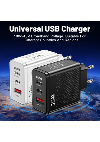 30W Cep Telefonu Şarj Cihazı 1 USB + 2 Pd Tip-C Hızlı Şarj iPhone 14 13 Samsung Xiaomi Cep 4 Bağlantı Noktalı Ab Abd Tak Adaptörü Seyahat (Yurt Dışından)