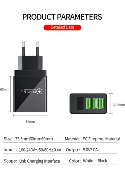 5V 3A USB Şarj Aleti Hızlı Şarj 3.0 Dijital Ekran Hızlı Şarj Duvar Telefonu Şarj Cihazı iPhone 1312 Pro Xiaomi Samsung Huawei (Yurt Dışından) modelleri