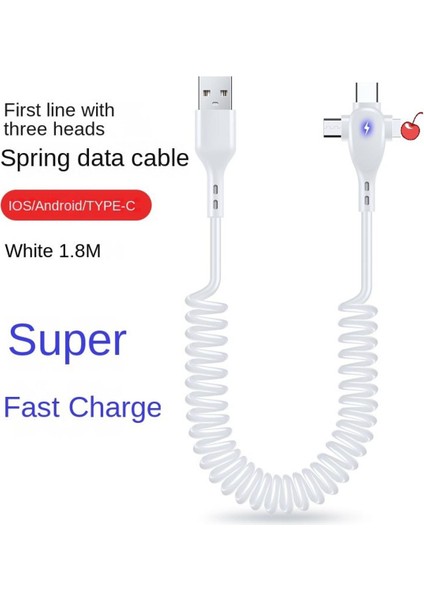 6A 3in1 1.8m Yaylı Şarj Kablosu USB A Mikro USB Tip-C iPhone Için Hızlı Şarj Cihazı Veri Kablo Kordonu Huawei Sansung Xiaomi Için (Yurt Dışından)