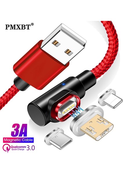 Manyetik Kablo Mikro USB Tip C iPhone Aydınlatma Kablosu 1 M 3A Hızlı Şarj Kablosu 90 Derece Mıknatıs Hızlı Şarj Cihazı Huawei P30 (Yurt Dışından)
