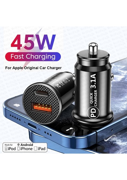 USB C Araba Şarjı Qc 3.0 45W 3.1A Tip C Pd Hızlı Araba Şarjı Telefon Şarj Cihazı iPhone 11 12 13 14 Pro Max Xiaomi Huawei Samsung (Yurt Dışından)