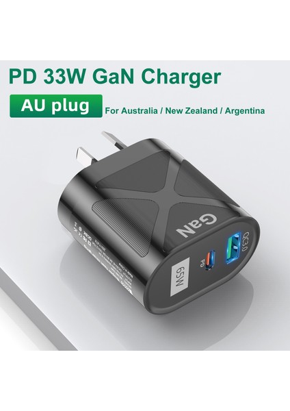 Yeni Zelanda Avustralya Arjantin Için Pd 33W Gan Şarj Cihazı Qc3.0 USB Hızlı Şarj Au Fişi iPhone 14 13 Pro Max Samsung S22 Oppo (Yurt Dışından)