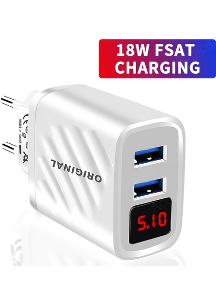 Çift USB Şarj Cihazı Dijital Ekran Cep Telefonu Şarj Cihazı Qc3.0 iPhone 12 Xiaomi Samsung Evrensel Adaptör Hızlı Şarj Şarj Cihazı (Yurt Dışından)