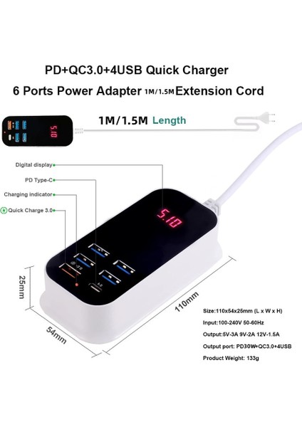 Cep Telefonu USB Şarj Cihazı Çoklu Bağlantı Noktaları PD30W Hızlı Şarj 3.0 Duvar Şarj Cihazları Adaptör Uzatma Kablosu Ab Ingiltere Abd Tak Hızlı Şarj (Yurt Dışından) fiyatları