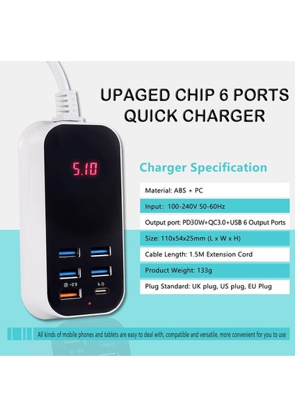Cep Telefonu USB Şarj Cihazı Çoklu Bağlantı Noktaları PD30W Hızlı Şarj 3.0 Duvar Şarj Cihazları Adaptör Uzatma Kablosu Ab Ingiltere Abd Tak Hızlı Şarj (Yurt Dışından) fırsatları