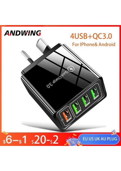 Andwıng 48W Au/ab/abd/ingiltere Tak USB Hızlı Şarj Cihazı 4 Portlu Şarj Adaptörü iPhone 12 13 Pro Max Xiaomi Şarj Cihazı Hızlı Güç Adaptörü (Yurt Dışından)