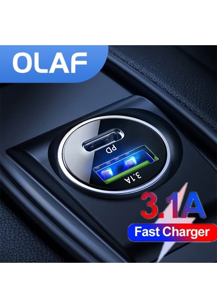 Olaf Çift Bağlantı Noktalı Tip C USB Araç Şarj Cihazı 3.1A Hızlı Şarj Pd USB C Araç Cep Telefonu Şarj Adaptörü iphone Samsung Xiaomi ipad (Yurt Dışından)