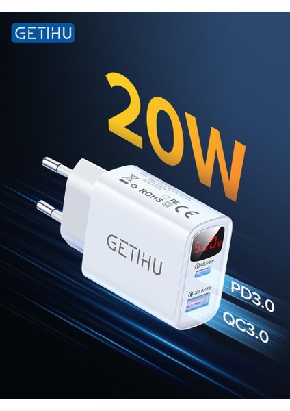 Getıhu Pd Qc 20W USB Telefon Şarj Cihazı LED C Tipi Hızlı Şarj Taşınabilir Ab Adaptörü iPhone 13 12 11 iPad Huawei Xiaomi Samsung Lg (Yurt Dışından)