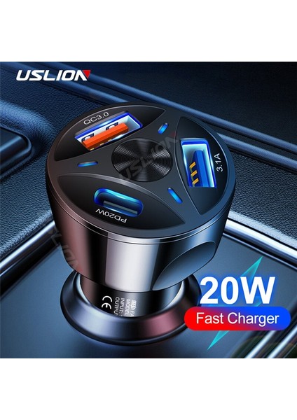 Uslıon 3 Port USB C Araç Şarj Pd 20W Hızlı Mini Hızlı Şarj iPhone 13 Xiaomi Huawei Cep Telefonu Şarj Adaptörü Arabada (Yurt Dışından)