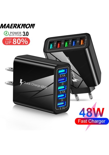 48W 5 USB Şarj Cihazı Hızlı Şarj Aleti Hızlı Şarj Evrensel Duvar Şarj Cihazı Qc3.0 Adaptörü iPhone 12 Xiaomi Huawei Mate 40 Samsung Için (Yurt Dışından)