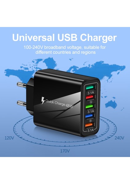 48W 5 USB Şarj Cihazı Hızlı Şarj Aleti Hızlı Şarj Evrensel Duvar Şarj Cihazı Qc3.0 Adaptörü iPhone 12 Xiaomi Huawei Mate 40 Samsung Için (Yurt Dışından) fiyatları