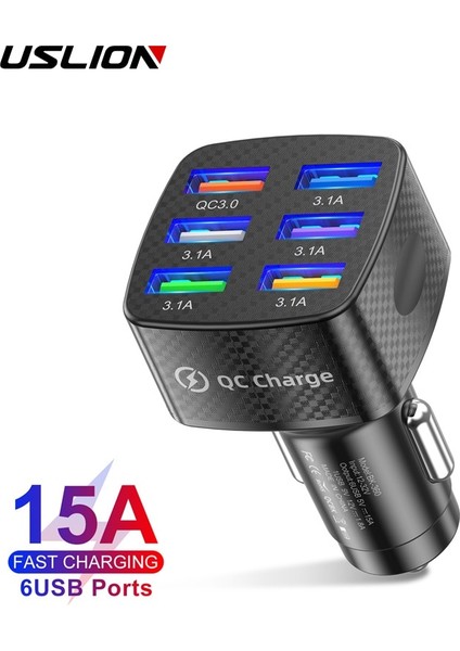 Uslıon 75W Araba Şarjı Hızlı Şarj 3.0 15A 6 Port USB Şarj Cihazı iPhone 13 12 Pro Samsung Xiaomi Huawei Cep Telefonu Şarj Cihazı (Yurt Dışından)