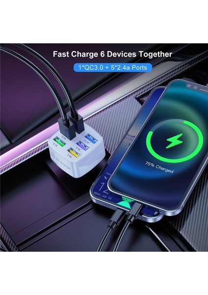 Uslıon 75W Araba Şarjı Hızlı Şarj 3.0 15A 6 Port USB Şarj Cihazı iPhone 13 12 Pro Samsung Xiaomi Huawei Cep Telefonu Şarj Cihazı (Yurt Dışından) fırsatları