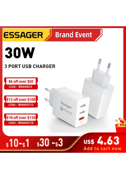 Essager 30W USB Tip C Şarj Cihazı Hızlı Şarj 3.0 iPhone 14 Samsung Xiaomi 3 Port Çoklu Fiş Duvar Cep Telefonu Hızlı Şarj (Yurt Dışından)