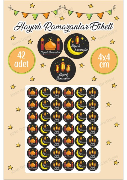 Siyah Zeminli Hayırlı Ramazanlar Etiketi 4 cm 42 Adet Suya Dayanıklı Sticker
