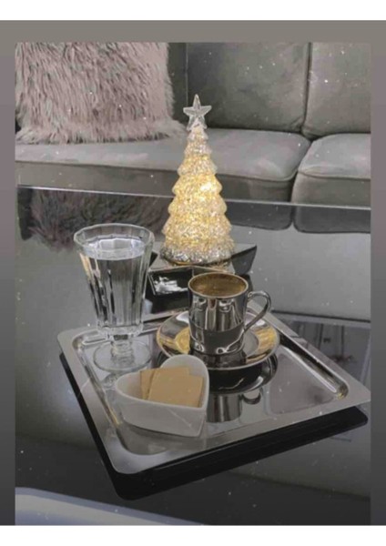 6’lı Kare Paslanmaz Çelik Kahve Servis Sunum Tepsi & Tabağı (21X21cm)