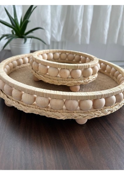 Ahşap Boncuklu Doğal Rafya Dekoratif Hasır Tepsi 24 cm ve 12 cm