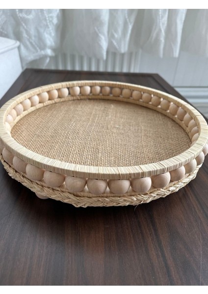 Ahşap Boncuklu Doğal Rafya Dekoratif Hasır Tepsi 24 cm ve 12 cm