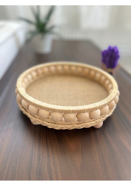 Ahşap Boncuklu Doğal Rafya Dekoratif Hasır Tepsi 24 cm ve 12 cm