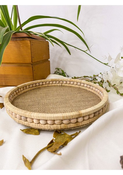 Ahşap Küçük Boncuklu 25 cm Hasır Doğal Rafya/jüt Tepsi, Dekoratif Tepsi, Banyo, Ev