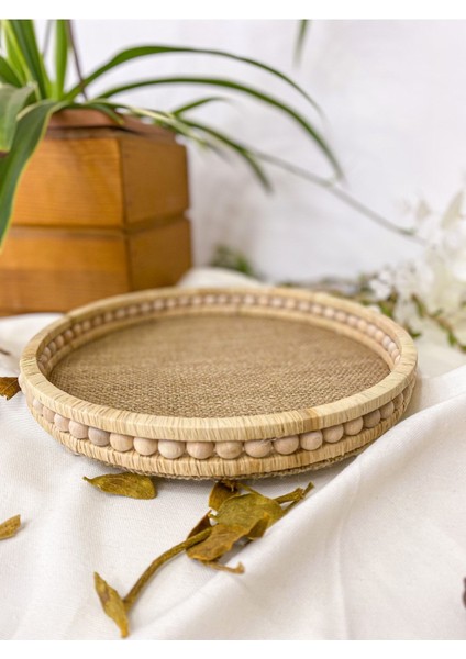 Ahşap Küçük Boncuklu 25 cm Hasır Doğal Rafya/jüt Tepsi, Dekoratif Tepsi, Banyo, Ev