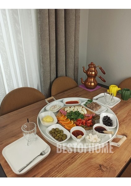 Beyaz Ahşap Kulplu Galvaniz Yuvarlak Tepsi Büyük Boy BH102