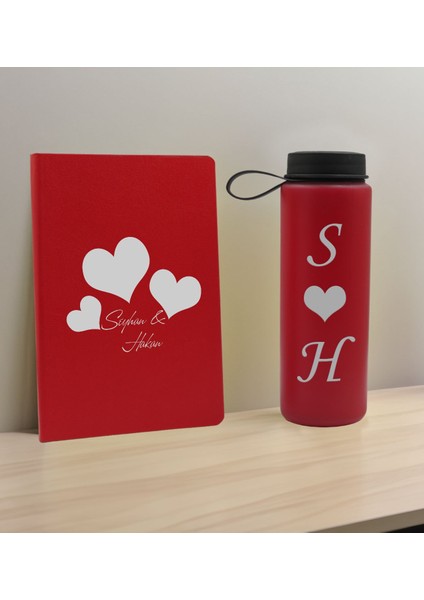 Sevgiliye Özel Isimli Kırmızı Defter ve Cam Matara Hediye Seti-1, Sevgiliye Hediye, Sevgililer Günü, Yeni iş hediyesi