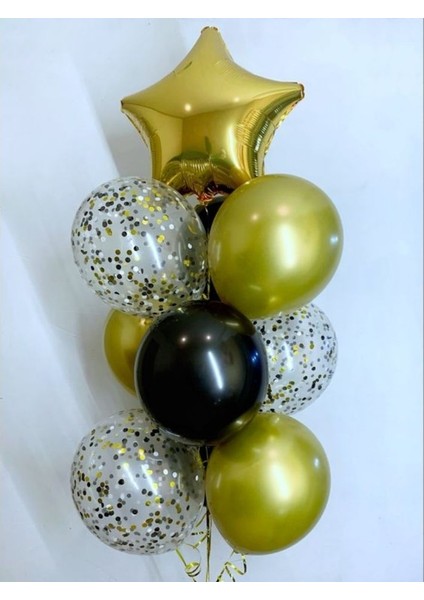 Altın Yıldız Konfetili Latex Balon Set 10 Adet
