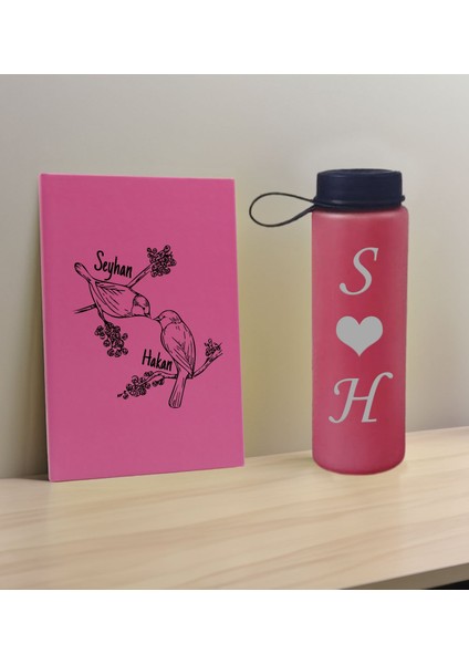 Sevgiliye Özel Isimli Pembe Defter ve Fuşya Cam Matara Hediye Seti-11, Sevgiliye Hediye, Sevgililer Günü, Yeni iş hediyesi