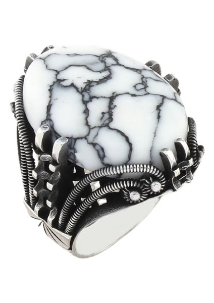 Erkek Yüzük Gümüş 925 Ayar Beyaz Taşlı