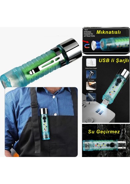 LED USB Şarjlı Ultra Güçlü El Feneri Su Geçirmez Flaşörlü Kırmızı Işıklı Mıknatıslı Kamp Feneri