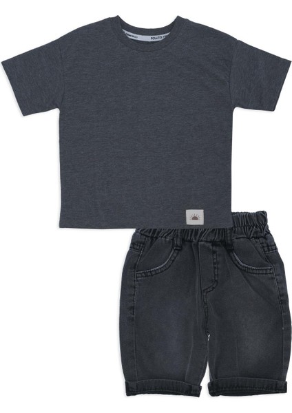 Erkek Çocuk T-Shirt Kısa Kol Kot Şortlu Cepli 2'li Alt Üst Takım