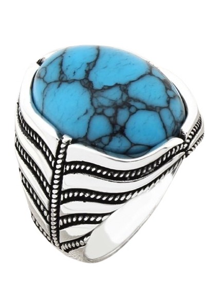 Erkek Yüzük Gümüş 925 Ayar Turkuaz Taşlı